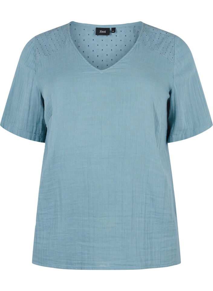 Bluse i bomull med broderi og korte ermer, Smoke Blue, Packshot image number 0