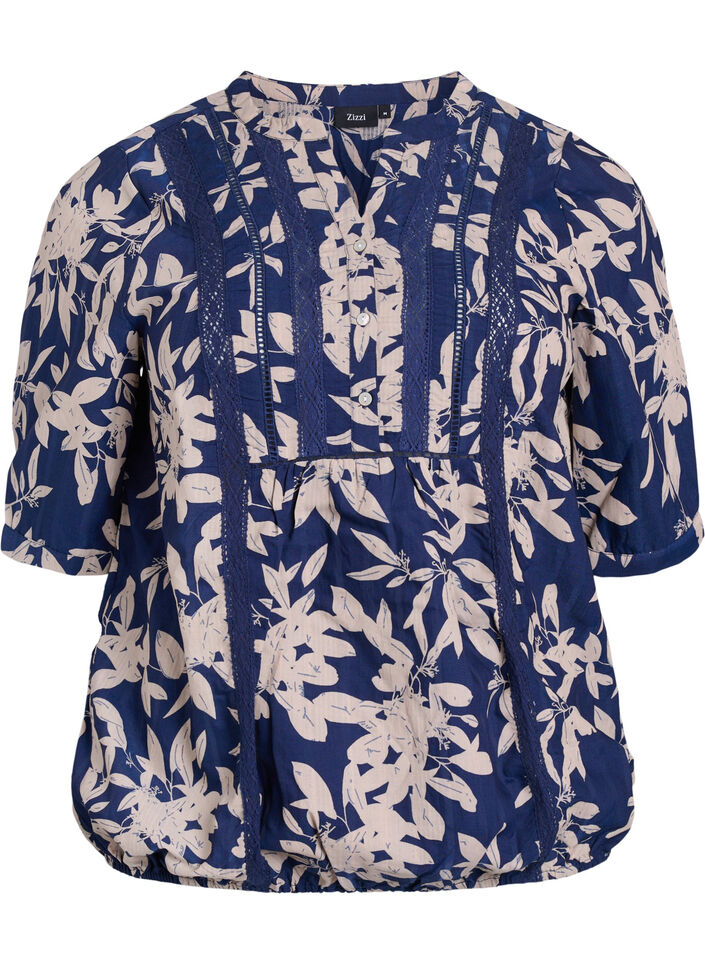 Bluse med trykk og 1/2 ermer, Bl&aring;, Packshot image number 0