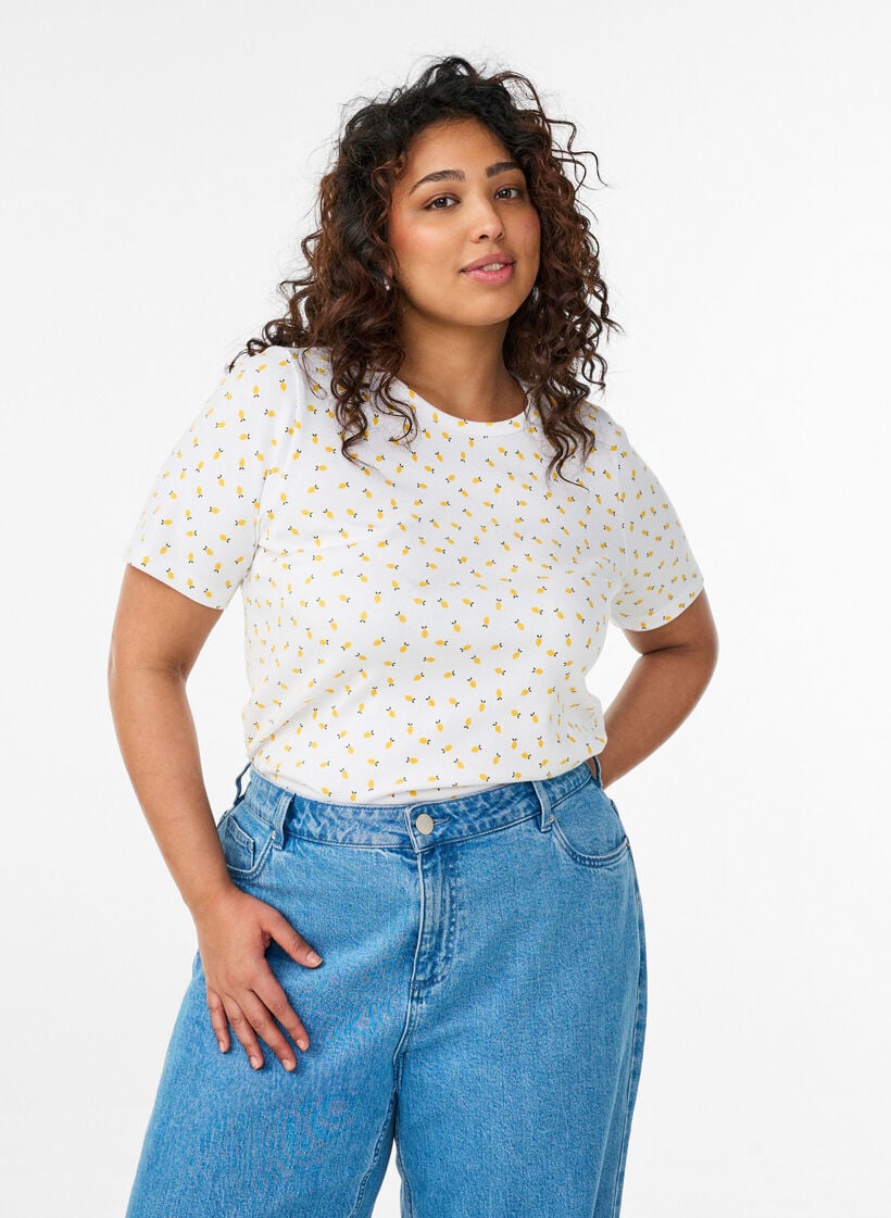 Bomulls T-skjorte med heldekkende trykk, Hvit, Model image number 0