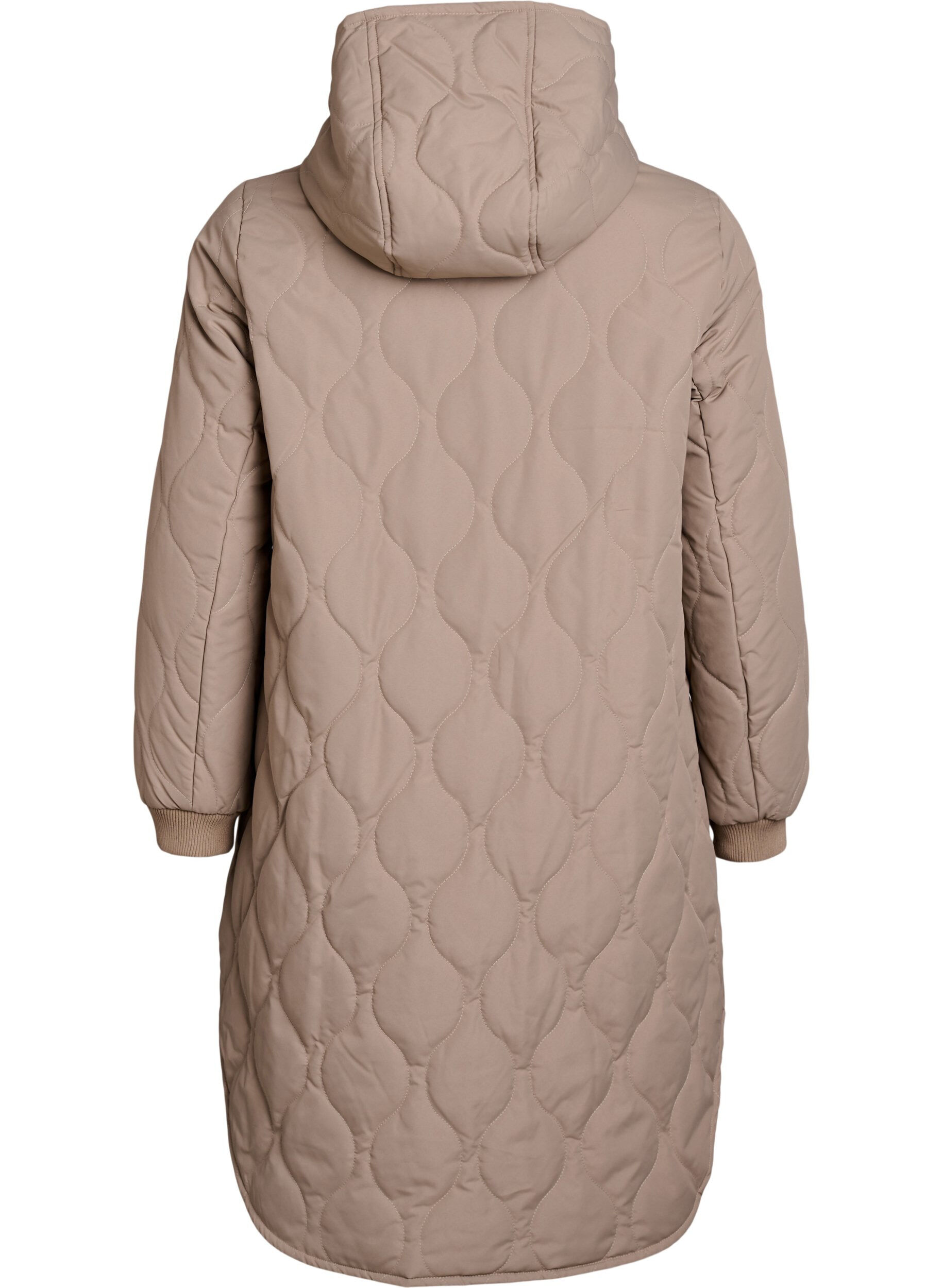 ZizziMellomlang quiltet jakke med hette, Brun, Packshot image number 1