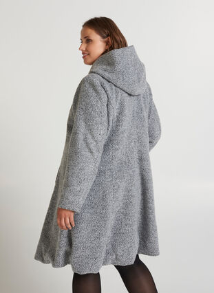 Lang jakke med ull og hette, Light Grey Melange, Model image number 1