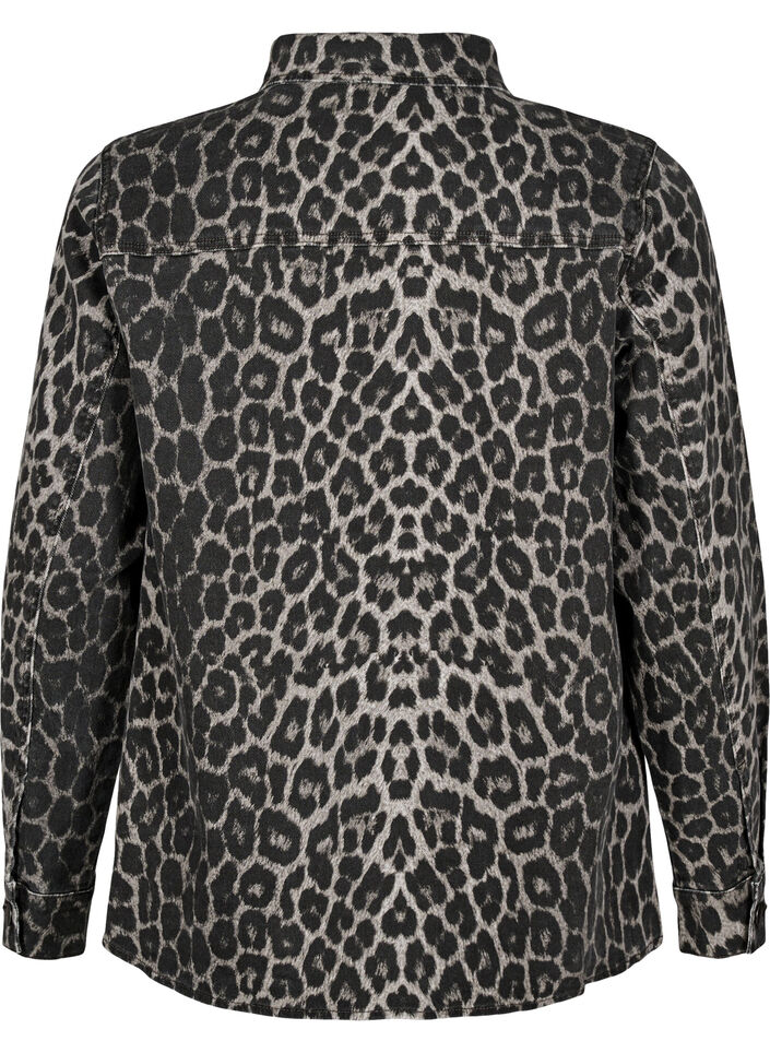 Leopardmønstret denimskjorte med knapper, Grå, Packshot image number 1