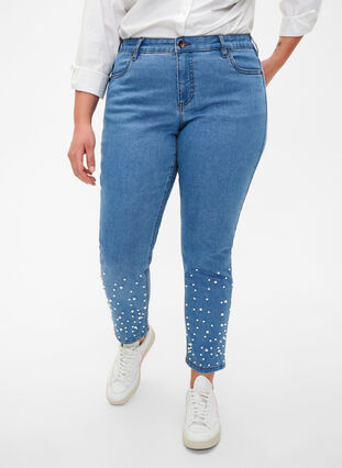 Zizzi Smal passform Emily jeans med perler, Light Blue, Model image number 2
