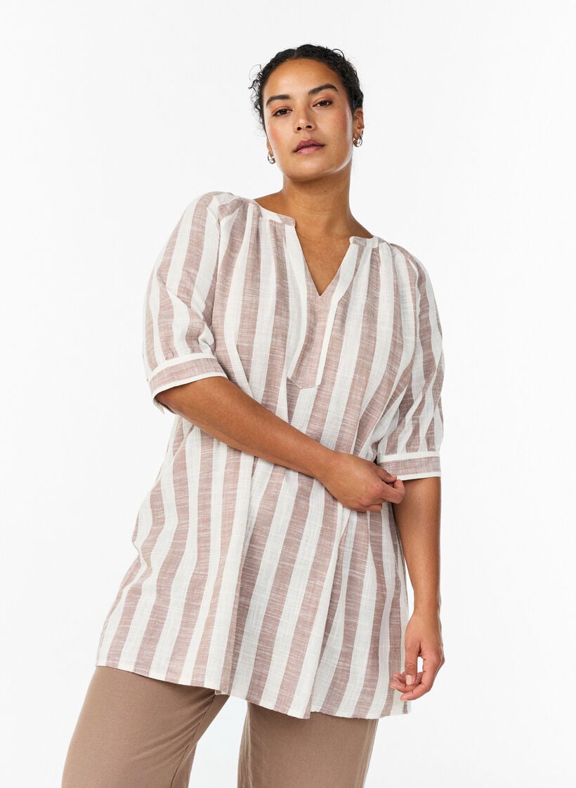 Bomullstunika med V-hals, Beige, Model image number 0