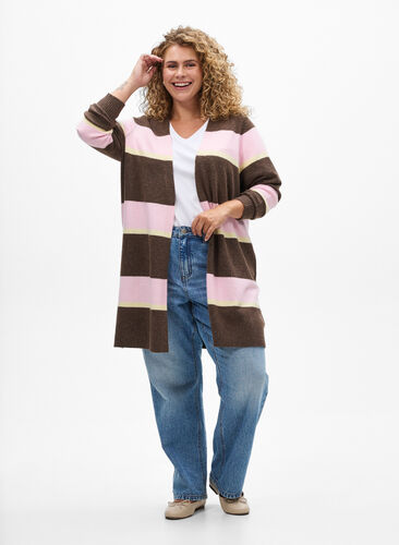 Zizzi Lang strikkecardigan med brede striper, Brun, Model image number 1
