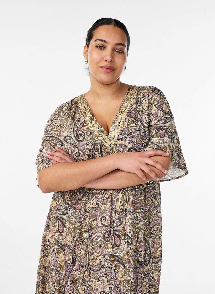 Maxikjole i viskose med paisleym&oslash;nster, Gul, Model image number 2