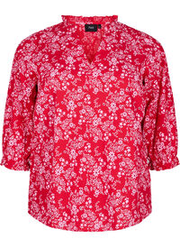 Bomullsbluse med blomstertrykk, Rød Bomullsbluse med blomstertrykk