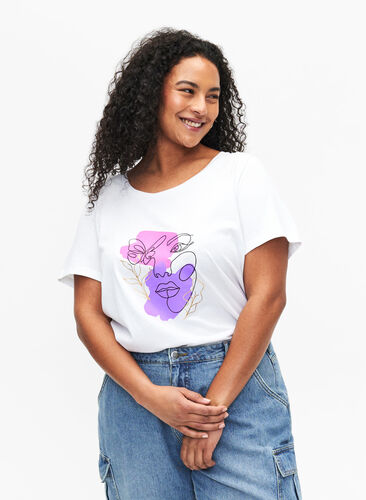 Zizzi T-skjorte i bomull med motiv, B. White w. Face, Model image number 0
