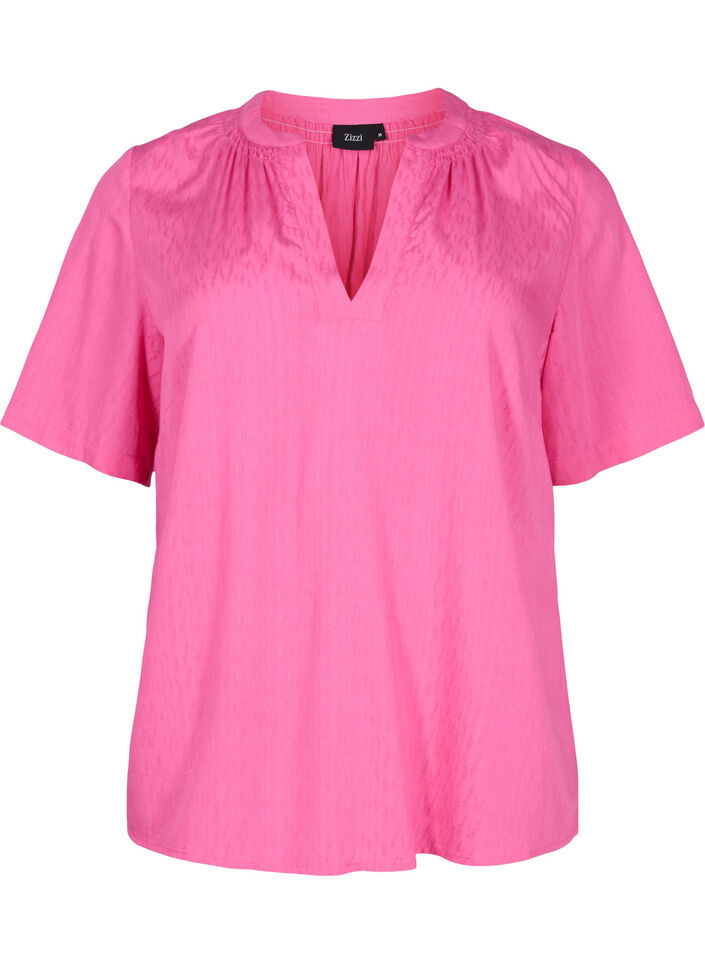 Kortermet bluse i viskose med V-hals, Shocking Pink, Packshot image number 0