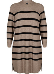 Langermet strikkekjole med striper, Desert Taupe Comb