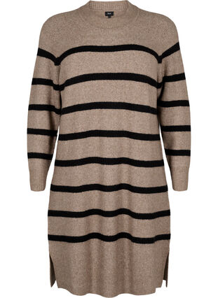 Zizzi Langermet strikkekjole med striper, Desert Taupe Comb, Packshot image number 0