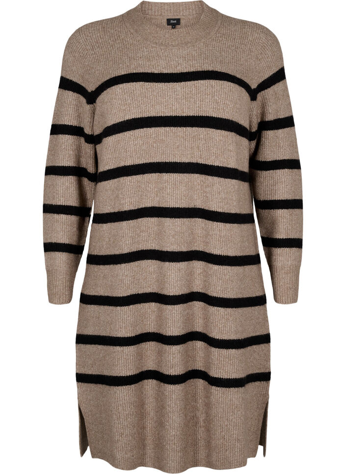 Langermet strikkekjole med striper, Desert Taupe Comb, Packshot image number 0