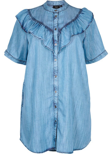 Kortermet denimkjole med volanger, Blue denim, Packshot image number 0