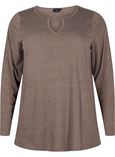 Melange bluse med lange ermer, Chestnut Mel. , Packshot image number 0
