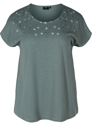 Kortermet T-skjorte i bomull med stjerner, Balsam Green STARS, Packshot image number 0