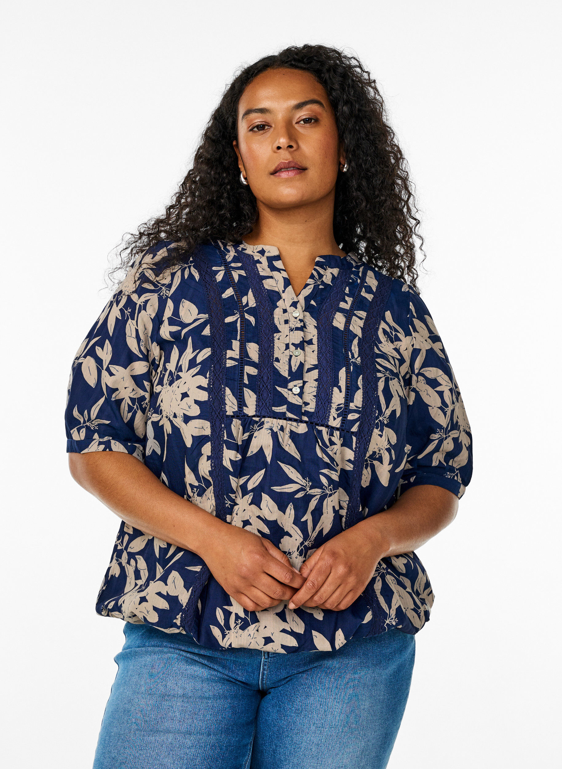 Bluse med trykk og 1/2 ermer, Bl&aring;, Model