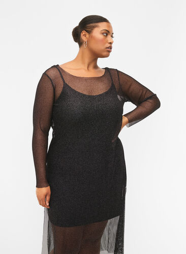 Langermet kjole i netting, Black w. Silver, Model image number 2