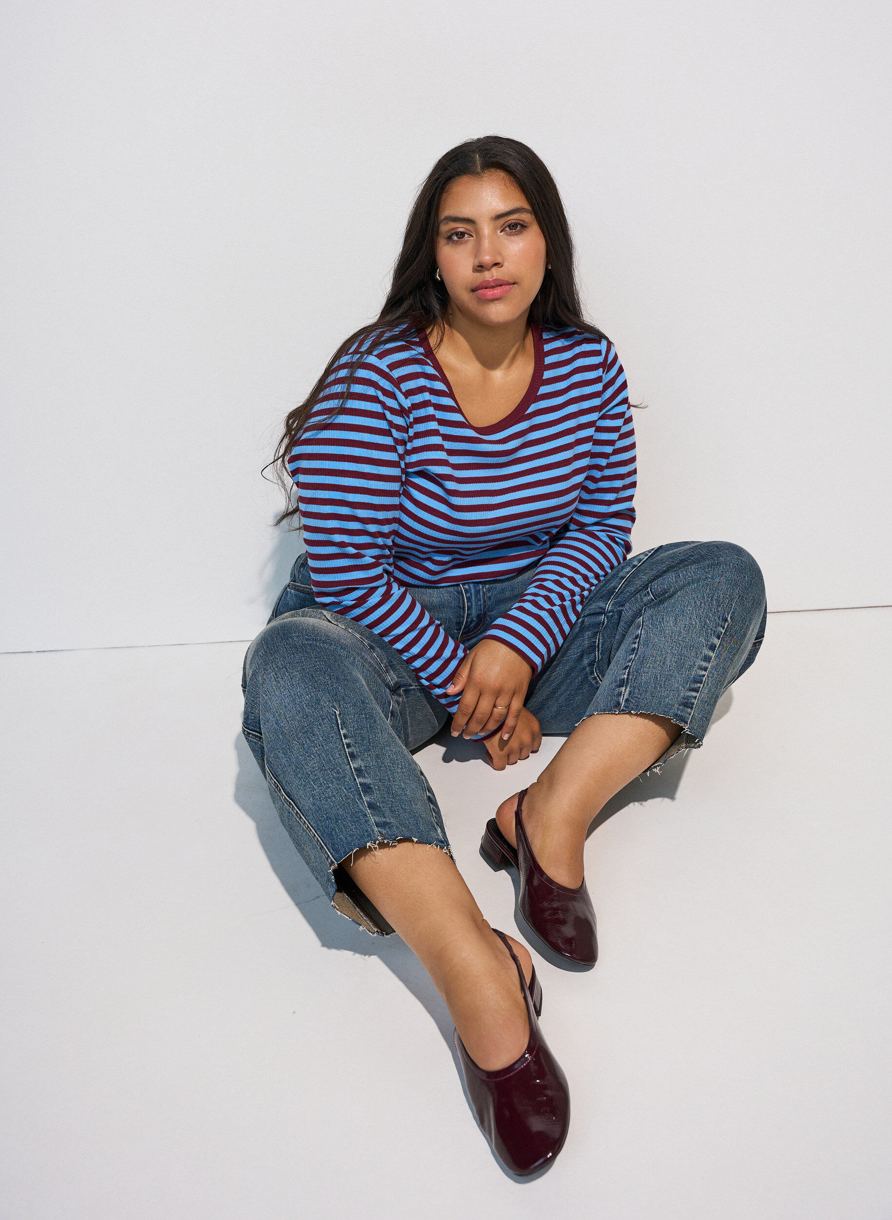 ZizziStripete bluse med lange ermer, Bl&aring;, Model image number 0