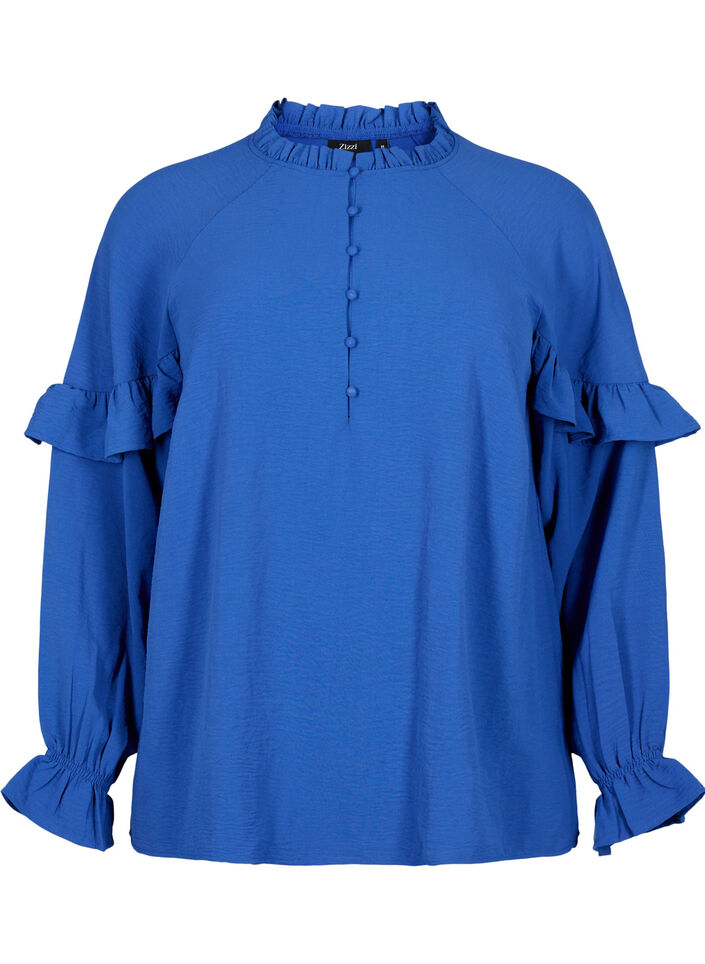 Bluse med volanger og knapper, Deep Ultramarine, Packshot image number 0