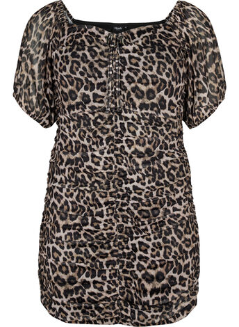 Kort kjole i mesh med leopardmønster