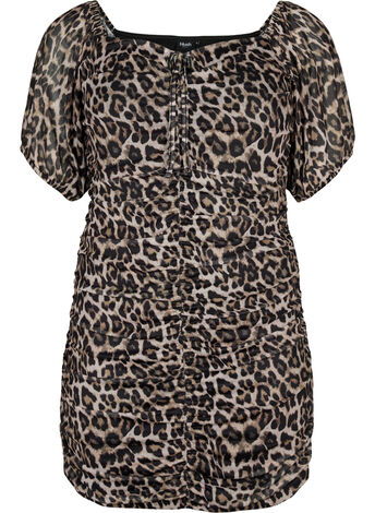Kort kjole i mesh med leopardmønster