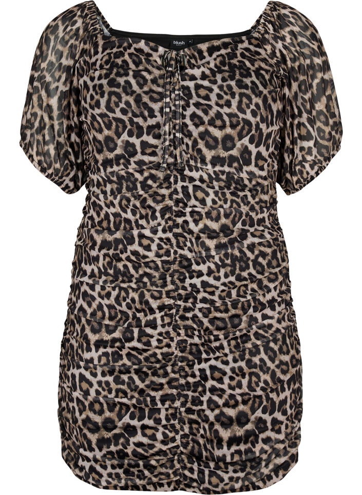 Kort kjole i mesh med leopardmønster, Leo, Packshot image number 0