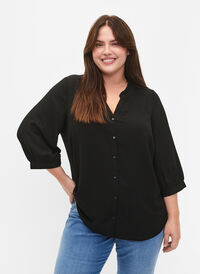 Skjortebluse med 3/4-ermer og volangkrage, Black, Model