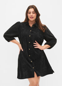 Kordfløyelskjole med 3/4-ermer og knapper, Black, Model