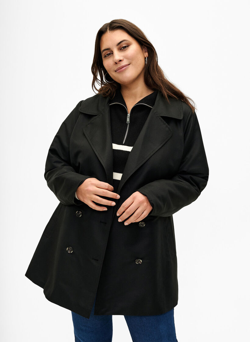 Kort trenchcoat med belte, Svart, Model image number 0