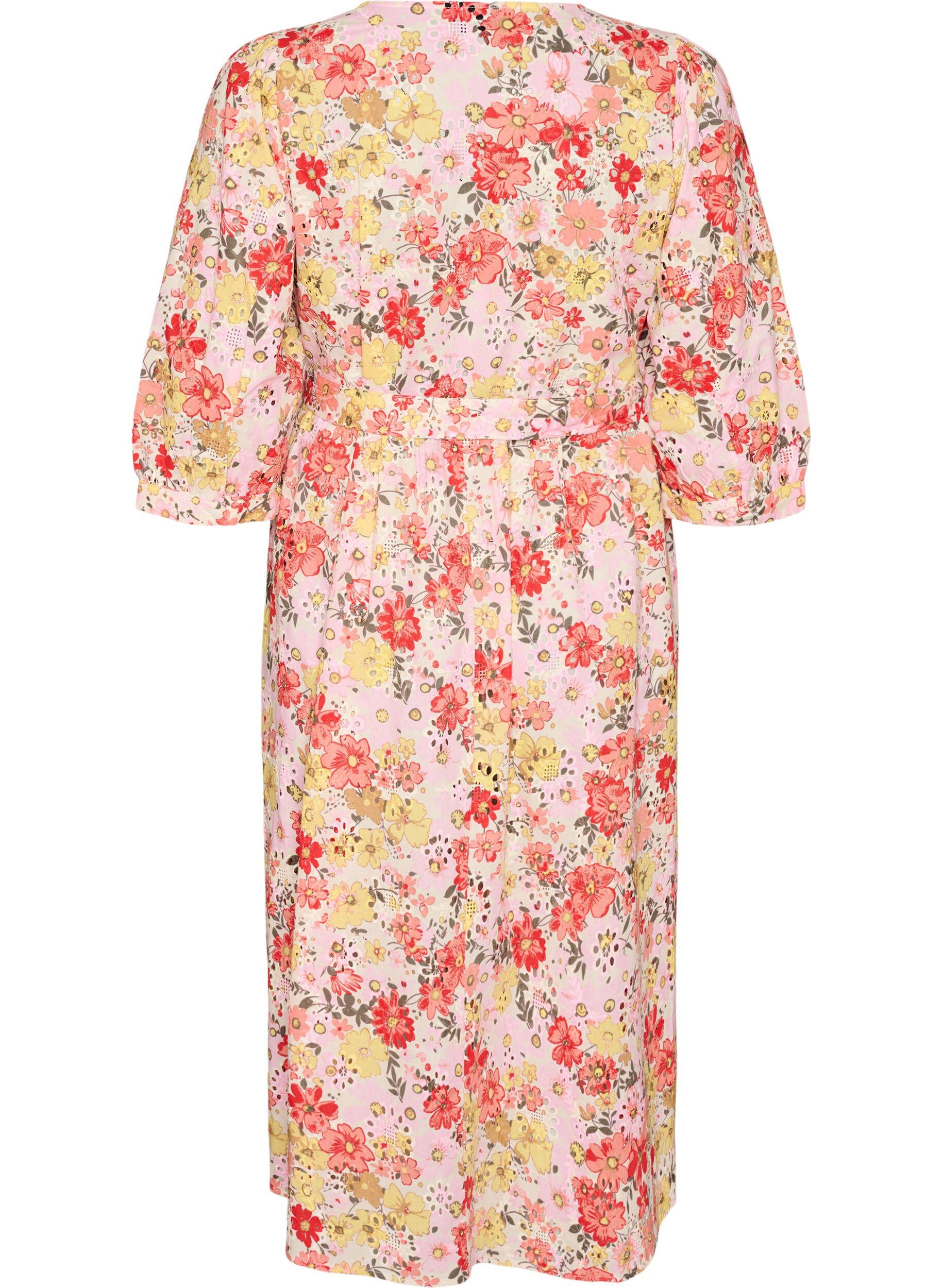 ZizziBlomstrete midiskj&oslash;rt med broderie anglaise og knytebelte, Rosa, Packshot image number 1
