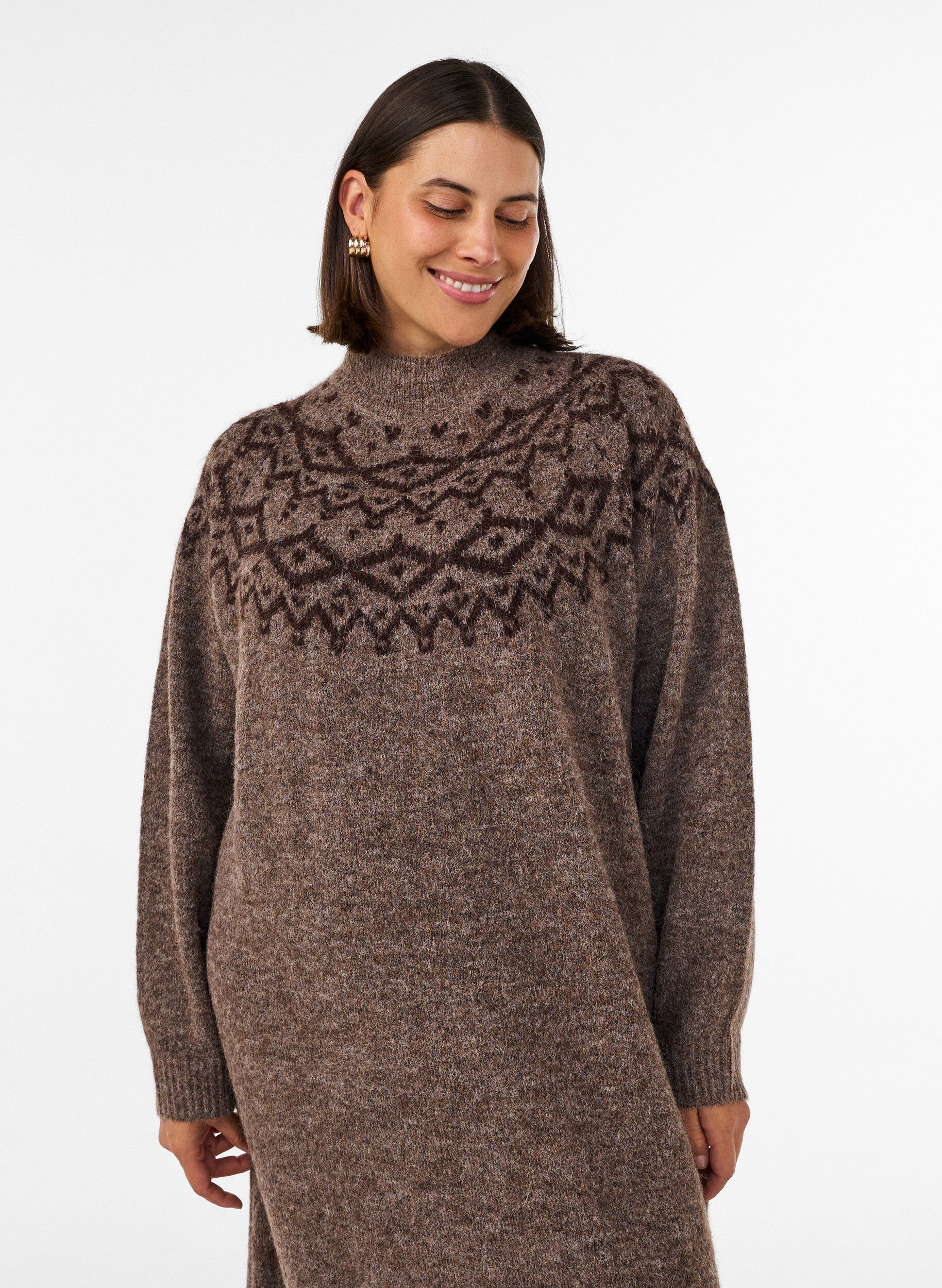 ZizziStrikkekjole med jacquardm&oslash;nster, Brun, Model image number 3