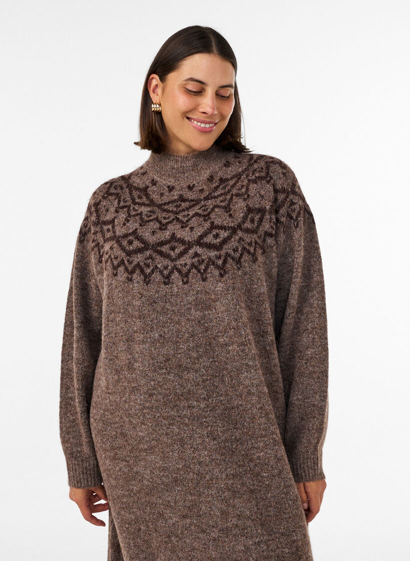 Strikkekjole med jacquardm&oslash;nster, Brun, Model image number 3