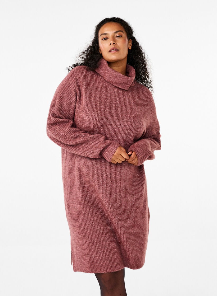 Strikket kjole med h&oslash;y hals, Rosa, Model image number 0