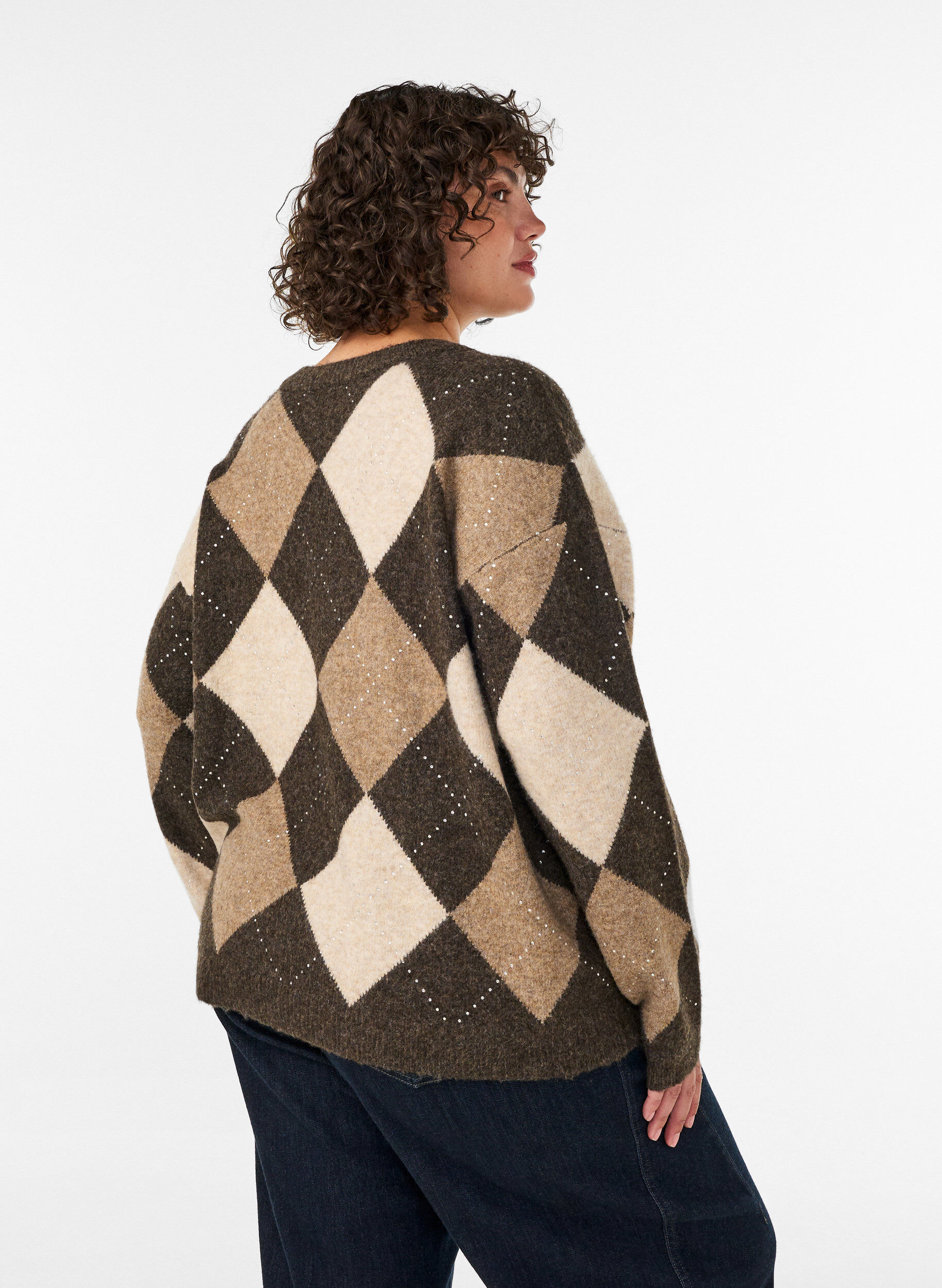 ZizziStrikket topp med argyle m&oslash;nster og rhinesteiner, Brun, Model image number 2