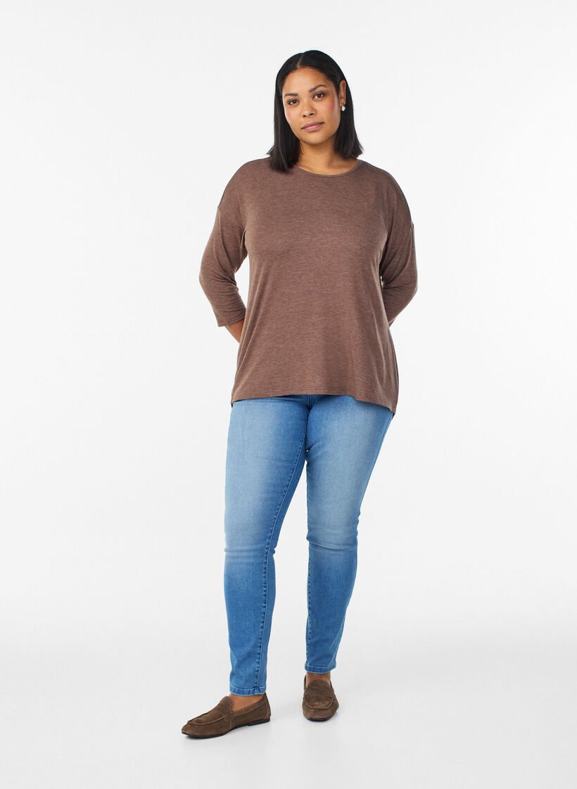 Jersey bluse med 3/4 ermer, Brun, Model image number 1