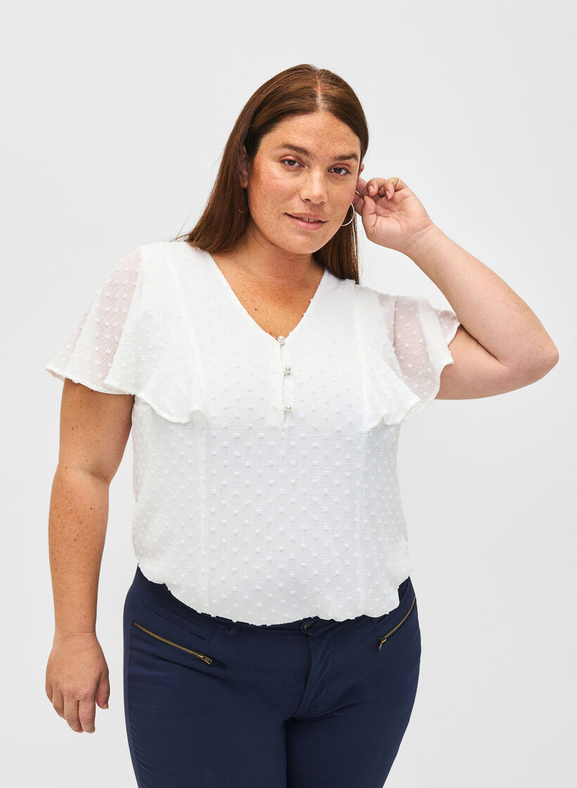 Bluse med prikket struktur og korte ermer, Bright White, Model image number 0