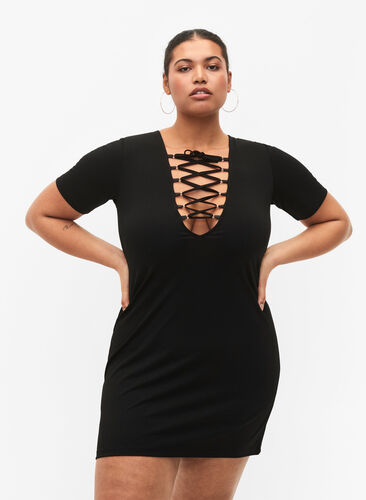 Kort kjole med V-hals og snordetaljer, Black, Model image number 0