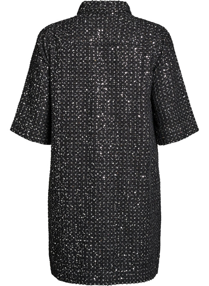 Denimkjole med paljetter og 3/4-ermer, Svart, Packshot image number 1