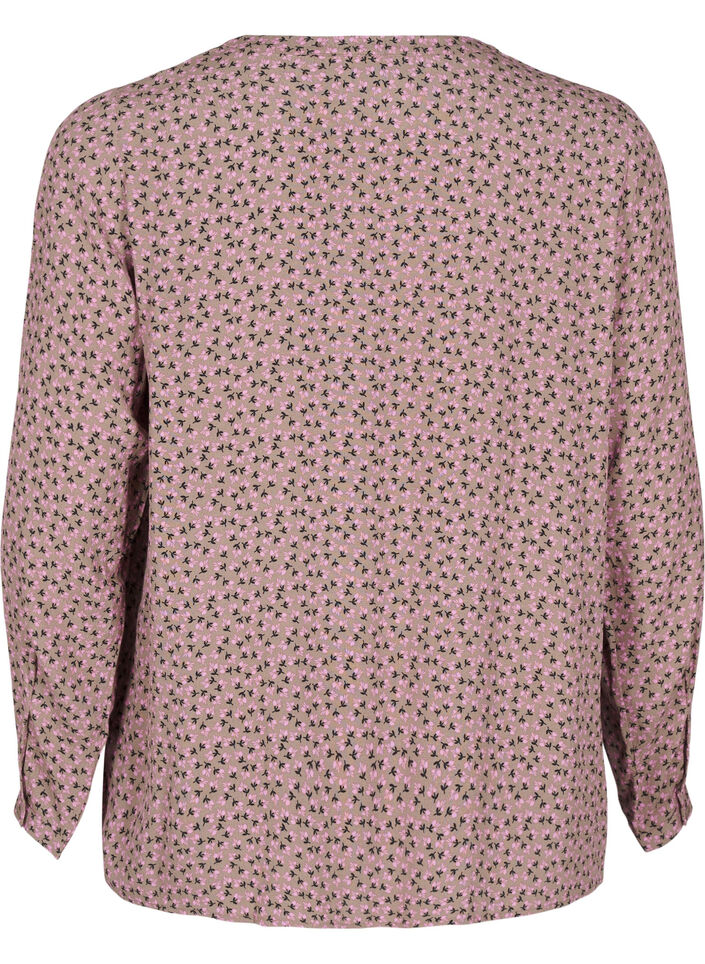 Langermet bluse med blomsterprint og V-hals, Brun, Packshot image number 1