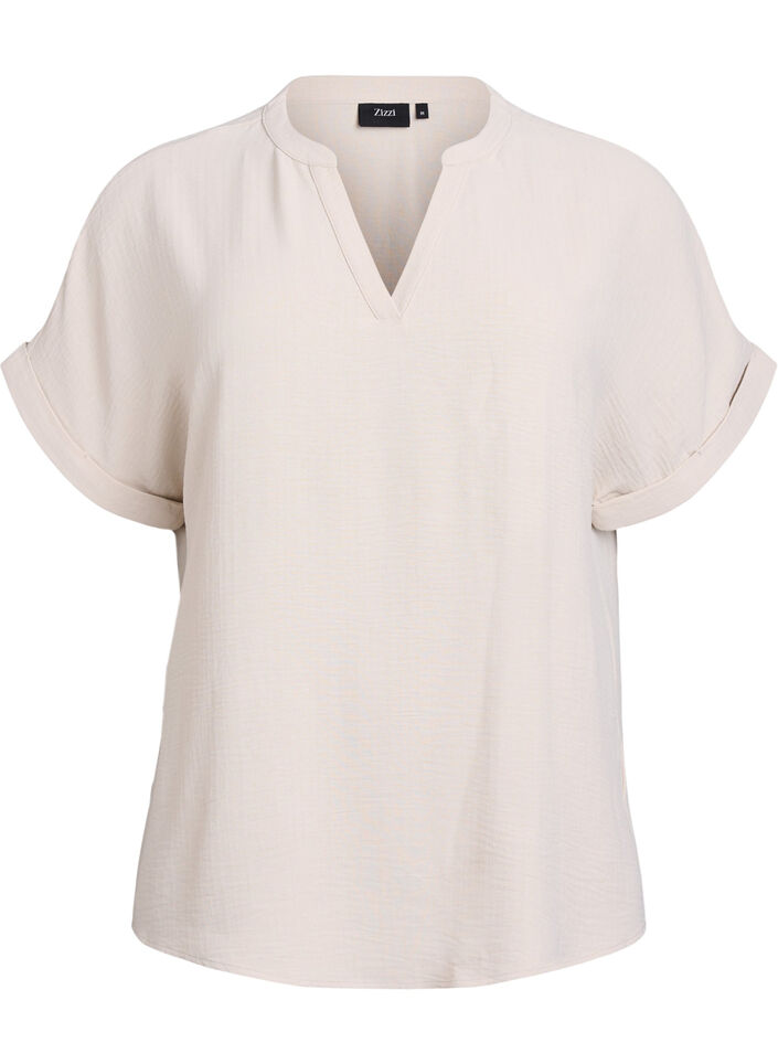 L&oslash;s bluse med korte ermer, Beige, Packshot image number 0
