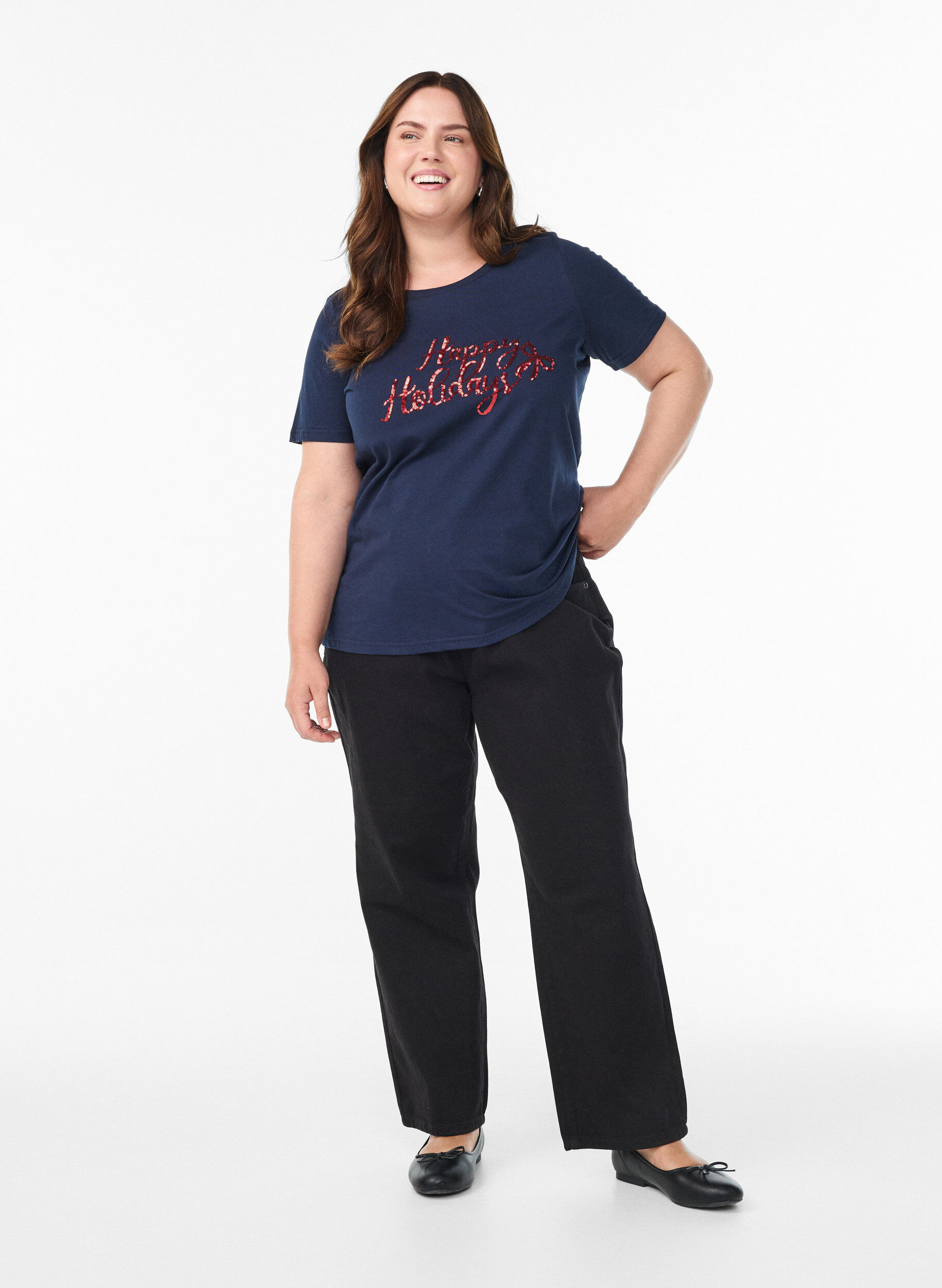 Zizzi Jule-T-skjorte i &oslash;kologisk bomull, Bl&aring;, Model image number 1