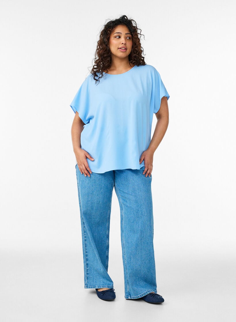 Bluse med korte ermer og rund hals, Bl&aring;, Model image number 1