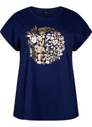 T-skjorte i økologisk bomull med gulltrykk, Med.Blue Gold Flower