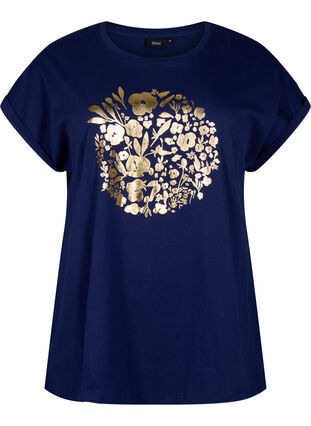 T-skjorte i økologisk bomull med gulltrykk, Med.Blue Gold Flower, Packshot image number 0