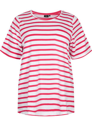T-skjorte i økologisk bomull med striper, Bright Rose Stripes, Packshot image number 0
