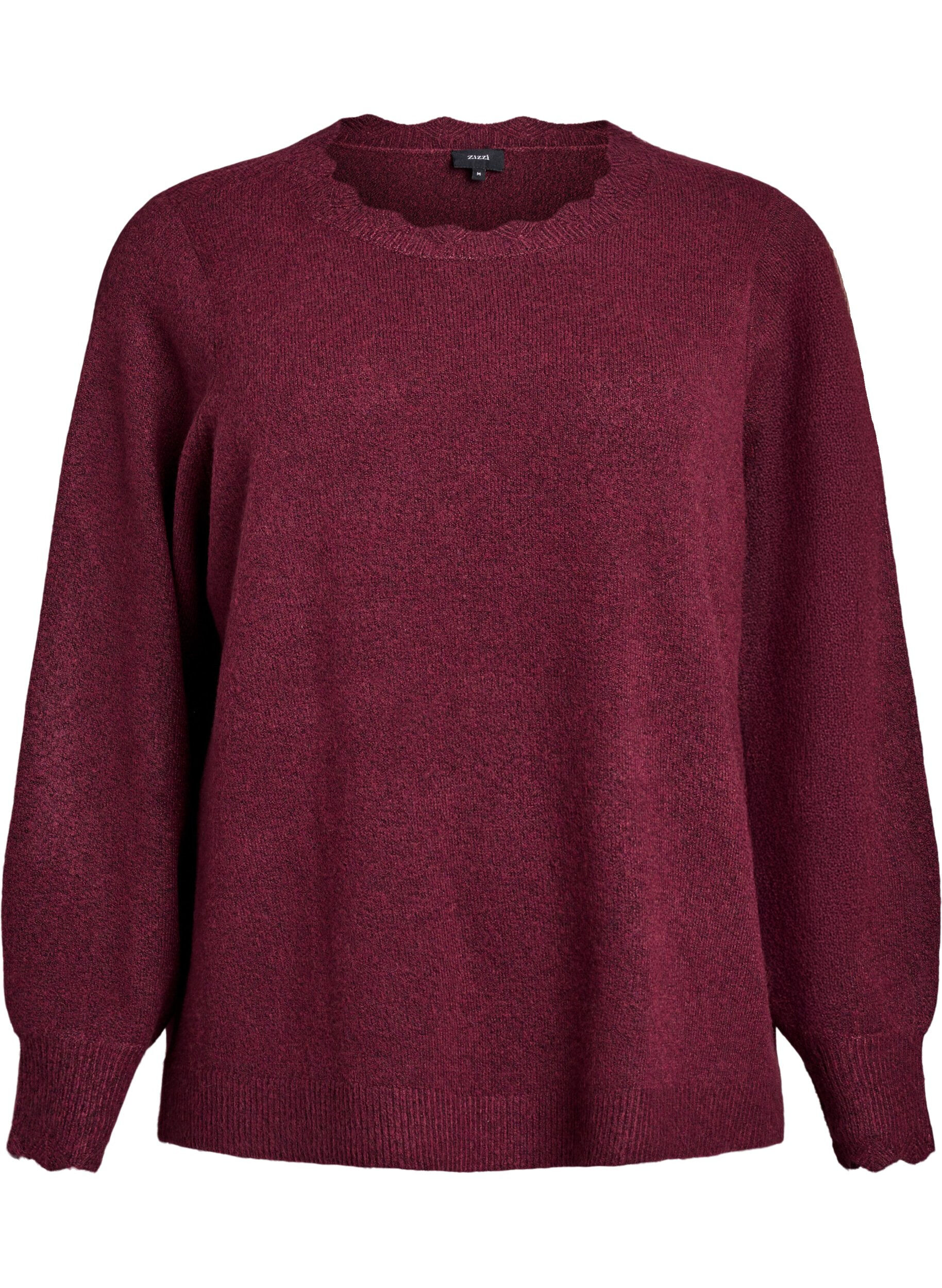 ZizziStrikkebluse med b&oslash;lgete kanter, M&oslash;rk Bordeaux, Packshot image number 0