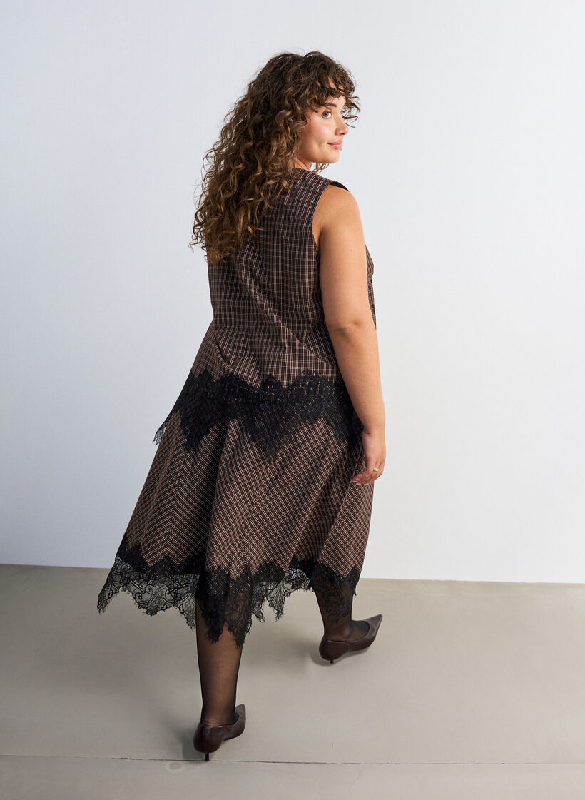 Rutete topp med asymmetrisk blondekant, Brun, Model image number 2