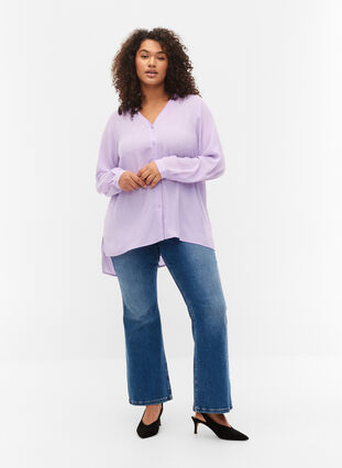 Langermet skjorte med V-hals, Purple Rose, Model image number 2