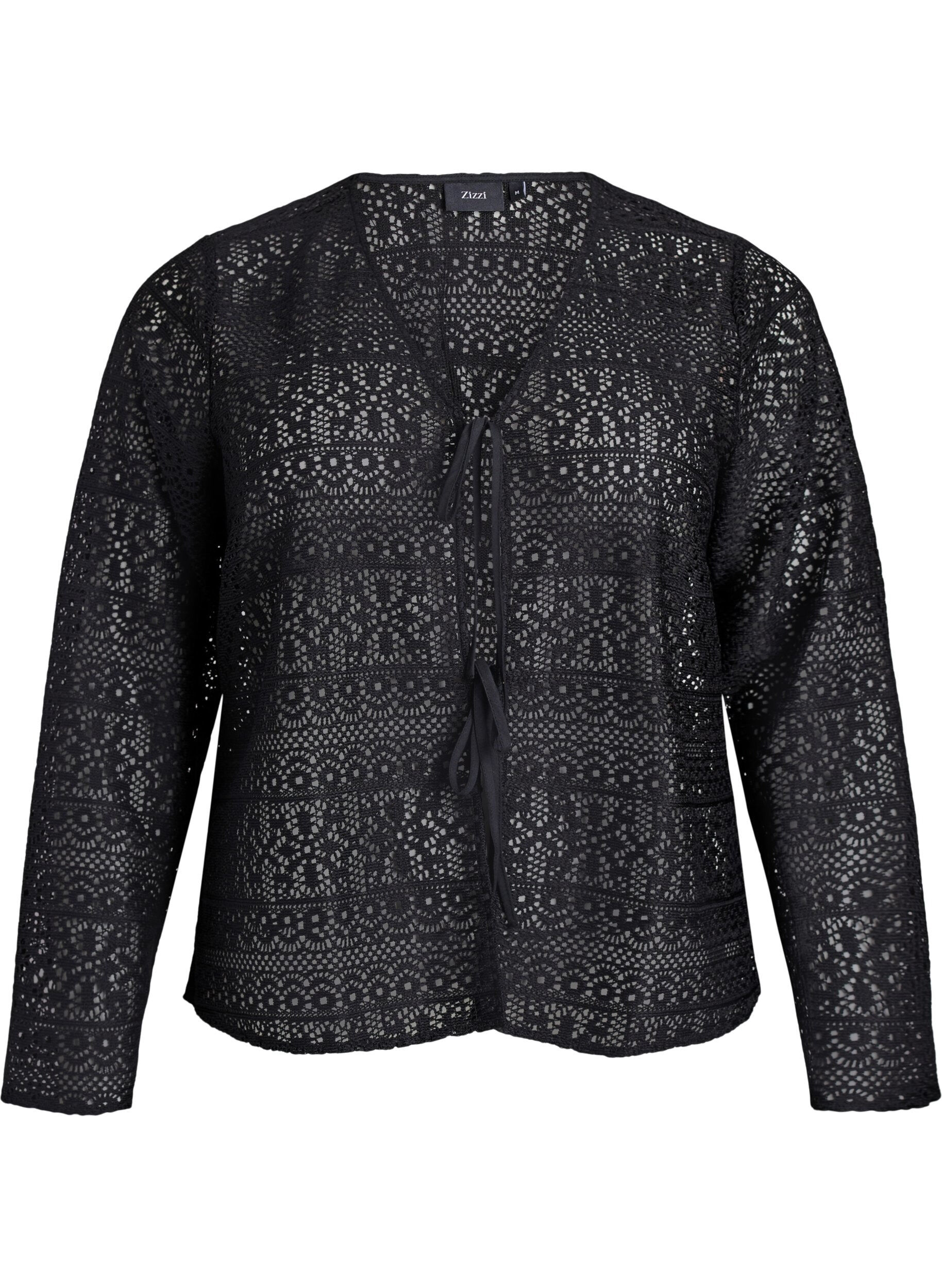 Zizzi Cardigan med hullm&oslash;nster og knyteb&aring;nd, Svart, Packshot image number 0