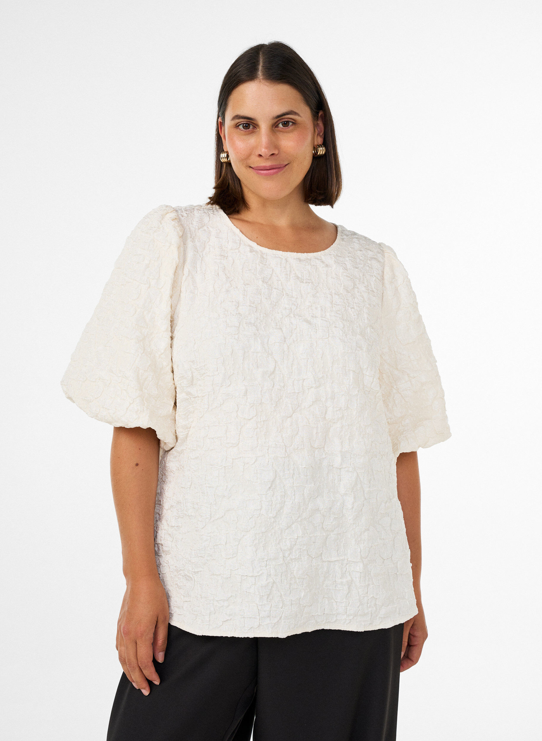 Jacquard bluse med puffermer og A-linjeform, Vanilje, Model